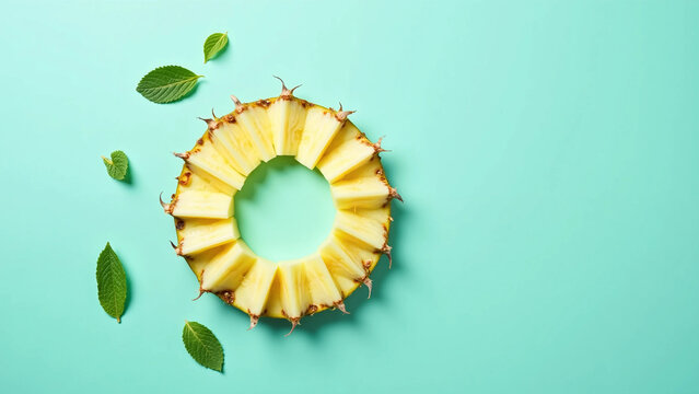 Pineapple slices arranged in a circle ring with fresh mint leaves on turquoise background with copy space for International Pineapple Day
