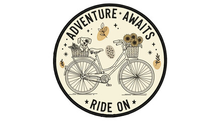 Cute dog on bicycle with flowers, adventure awaits, ride on, retro style illustration © Wahyu
