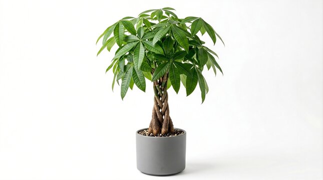 A braided Pachira Aquatica houseplant in a grey minimalist pot. Symbolizes prosperity, feng shui luck, and interior greenery for home or office decor.