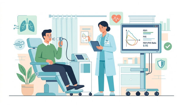 Medical spirometry consultation with male patient and healthcare specialist flat vector illustration banner template