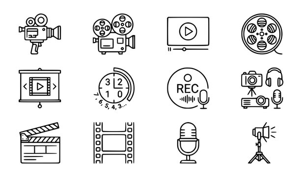 Retro movie shooting icon set vintage film projector camera cinema vector illustration isolated design