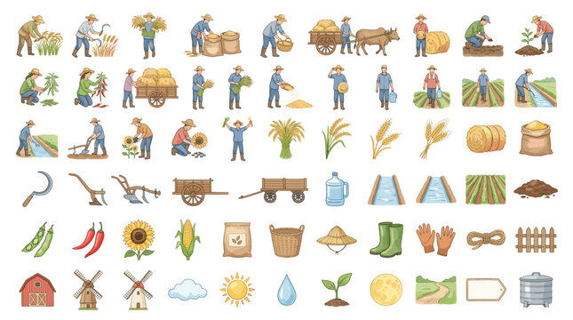 Flat agriculture icon set with farmers, animals, crops, tools, barns, carts and rural farming elements isolated on white background