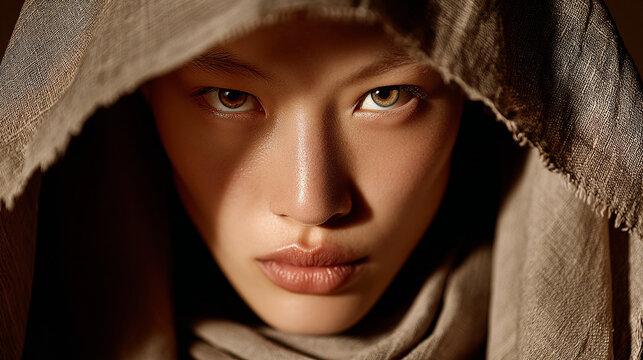 Close up portrait of a woman looking directly at the camera with intense eyes under a head