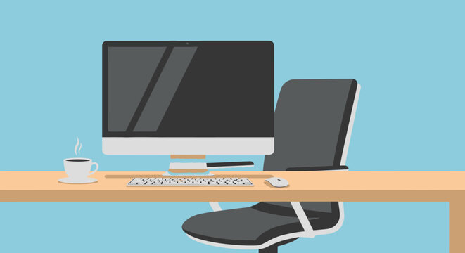 Modern office desk with computer, keyboard, mouse, and coffee cup on blue background