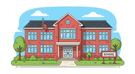 Naklejka premium Classic red brick school building with flag and sign, surrounded by trees and green grass.