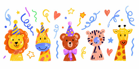 watercolor illustration of cartoon animals celebrating with party decorations © Arif