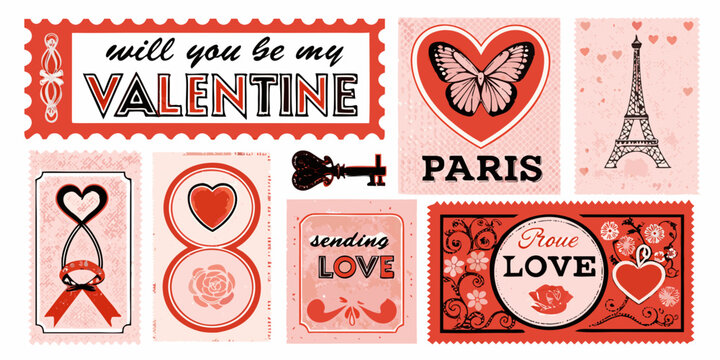 Vintage valentine collage with hearts paris and postage stamps