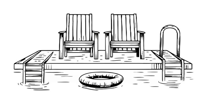 Poolside lounge chairs and pool illustration black and white sketch