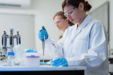 Fototapeta premium Female scientist using pipette with sample tube in laboratory, medical research specialist working on scientific experiment, clinical biotechnology analysis, pharmaceutical development concept.