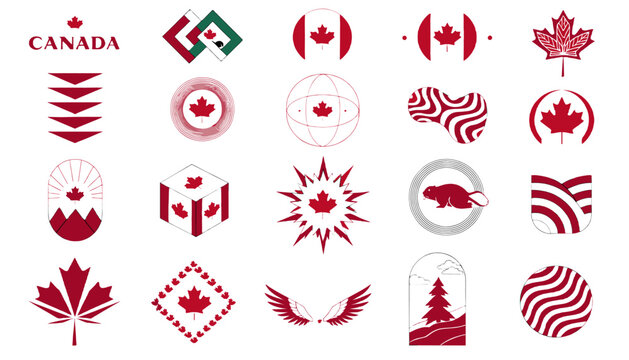 A collection of 20 Canadian-themed logos and icons featuring the maple leaf, abstract designs, and national symbols.
