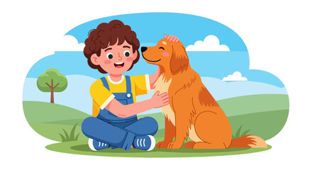 Happy boy petting golden retriever dog outdoors, friendship, childhood, summer day, cartoon style © solikhin