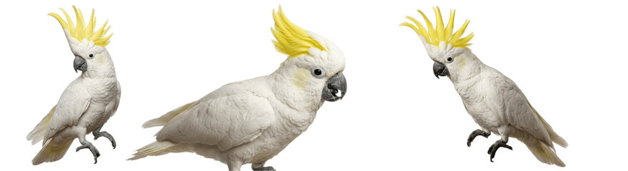 Elegant cockatoos with flared yellow crests pose together, snowy feathers glowing against white space as their curious eyes and curved beaks hint at playful intelligence   © Maya