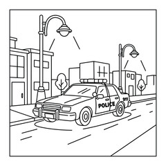  Patrol car driving on a city street at night under bright lamp posts in this fun kids coloring page © Crafter