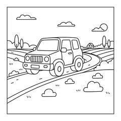 Obraz premium Automobile traveling along a peaceful countryside road past a farm in this fun kids coloring page
