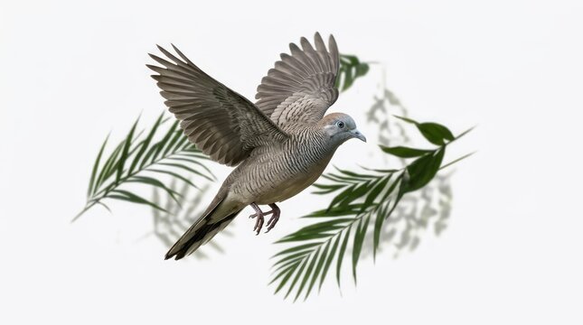 Graceful Zebra Dove Flying Near Green Tropical Leaves on White Background
