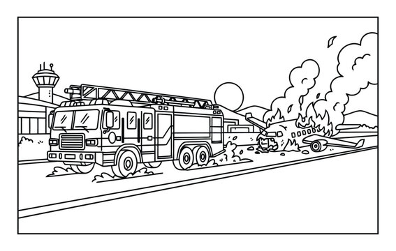 Firefighter truck rushing to an airport emergency on a runway in this exciting kids coloring page