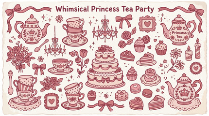 Obraz premium Whimsical Princess Tea Party themed illustrations featuring teapots, cakes, and sweets in a charming doodle style.
