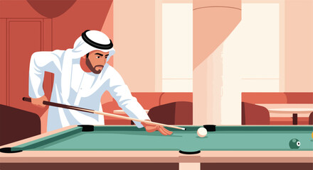 Fototapeta premium Man in Arab dress plays pool, aiming for a shot with cue stick in a leisure setting