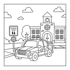 Police patrol car drives past a suburban school building on a sunny day for a kids coloring page © Crafter