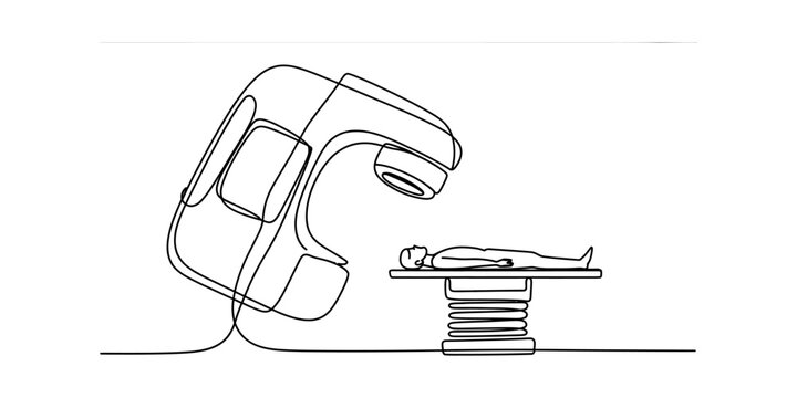 One line drawing of a person on a medical bed receiving radiation therapy from a linear accelerator machine. Vector, illustration