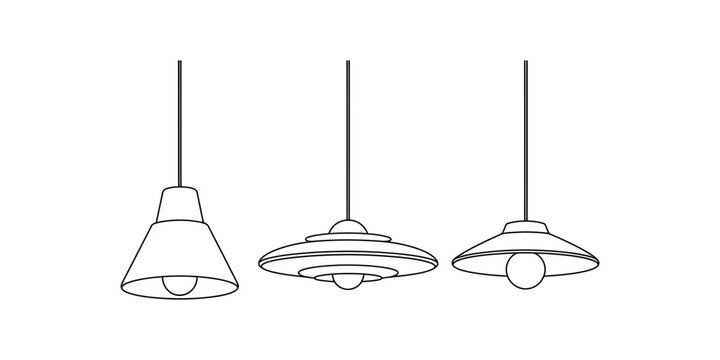 Three different styles of pendant light fixtures hanging from cords, line art illustration Vector, illustration