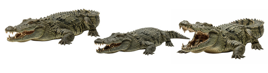 Fototapeta premium Powerful crocodiles stretch low along the ground, armored bodies and gaping jaws lined with sharp teeth showing ancient strength as they guard the riverbank patiently