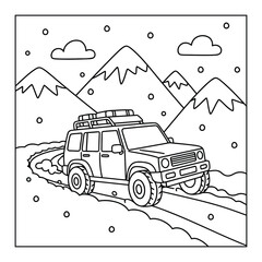Offroad vehicle travels through a snowy mountain path past winter peaks and clouds on a coloring page