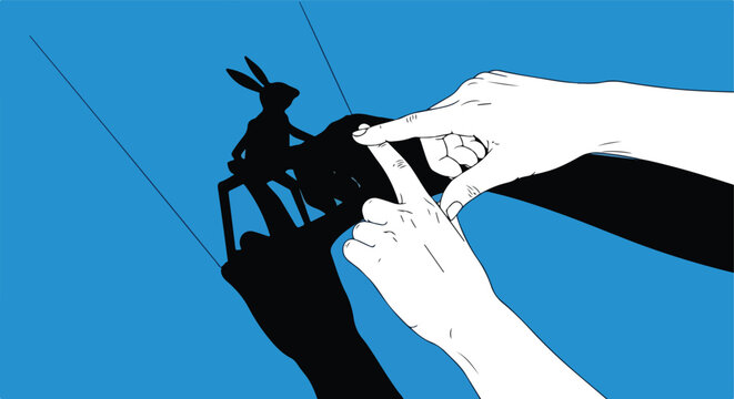 White hands creating a shadow puppet of a rabbit on a rider against a blue wall