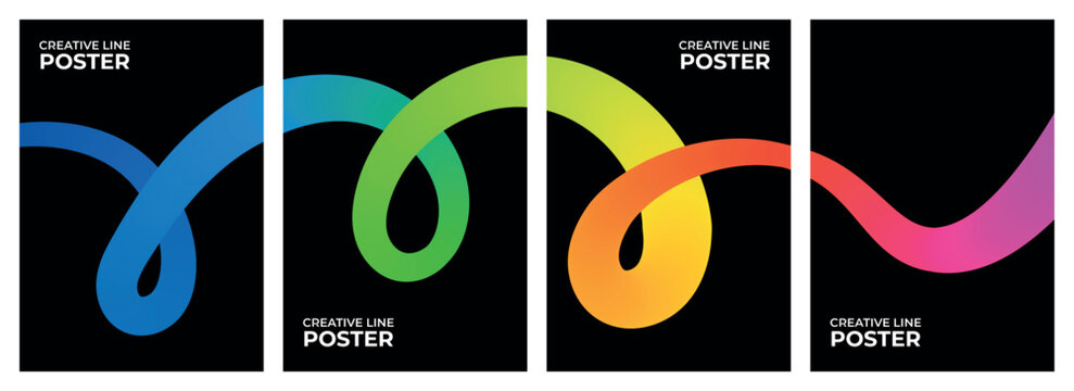 Four Minimalist Black Creative Lab Poster Templates Featuring a Continuous Vibrantly Colored Gradient Liquid Wave Ribbon Design