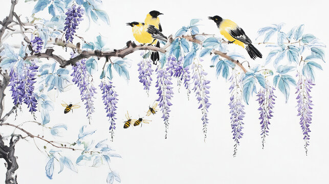 Wisteria and birds Chinese ink painting light purple white ground twisting vine branches small flowers blue green leaves two yellow magpies perched bees flying around high def clear textures