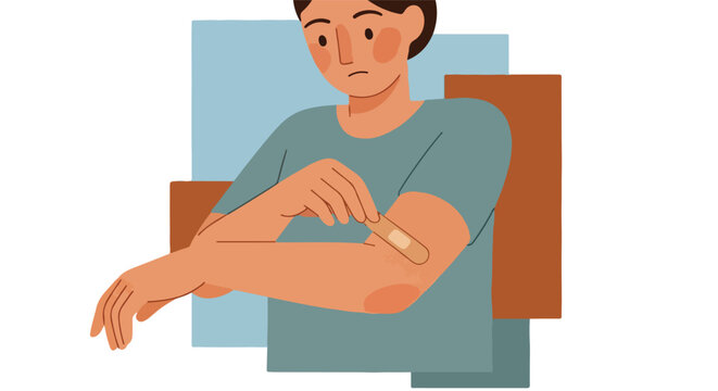 Person applies bandage to arm over a skin rash or irritation, health concept