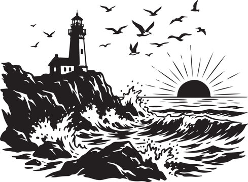 Black and white lighthouse vector, rocky coastline illustration, ocean waves, sunset silhouette, seagulls flying