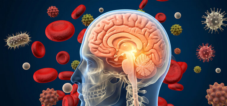 Human brain neurological system, sinus cavity anatomy, medical head structure, neurobiology science research, cognitive health care, psychology and neurology, nervous system pathology

