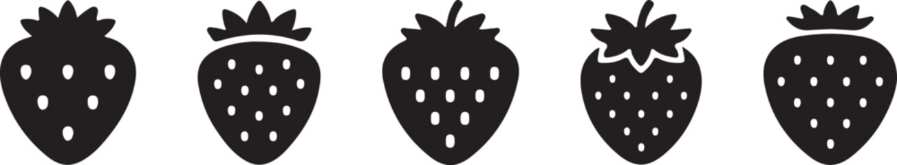 Strawberry fruit icon set featuring fresh berry illustrations for food industry branding use. © graphicaestyn