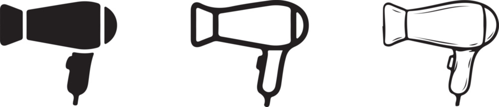 Hair dryer icon set featuring professional electronic blow drying devices for salon styling.