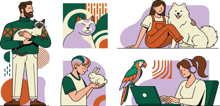 Diverse People with Pets in Modern Flat Art Style Featuring Dogs Cats Rabbit and Parrot for Lifestyle Design
