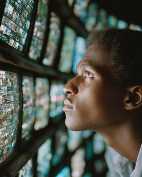 Curiosity Overload: A young man gazes intently at a vast mosaic of digital screens, lost in a world of information and technology, pondering the future.