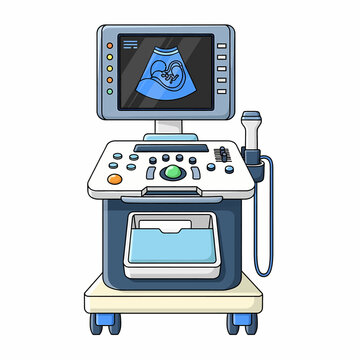 Vector illustration of medical ultrasound machine with fetus scan on monitor isolated on white