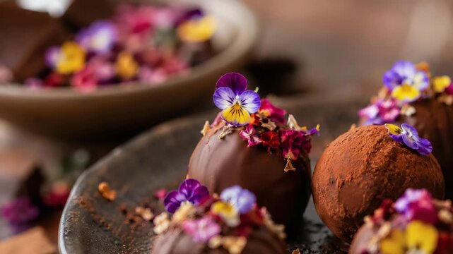 Handmade chocolate truffles decorated with edible flowers, representing artisanal desserts, gourmet cuisine, festive treats and luxury food styling.