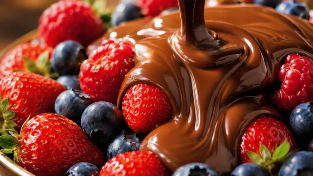 Melted dessert topping covers fresh fruit in a close view, illustrating indulgence, nutrition balance, gourmet cuisine and festive treats.