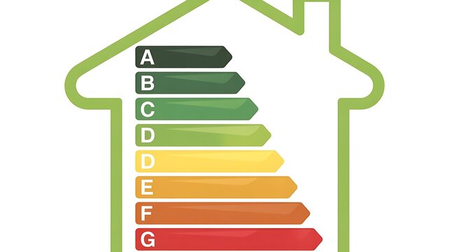 Energy efficiency rating chart, house icon, color-coded labels A to G, eco-friendly home energy grading