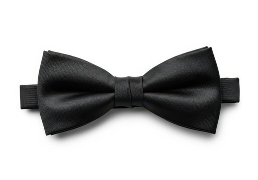 A classic black bow tie, expertly tied, resting flat on a clean, bright, seamless white background. Formal accessory concept, tuxedo, celebration, elegant