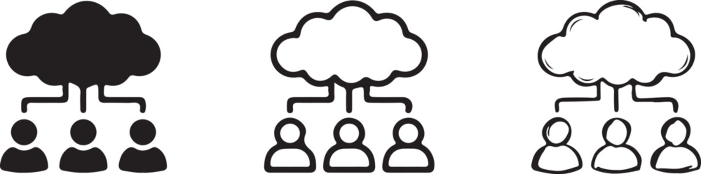 Cloud computing network icon set showing connections between data and people silhouettes.