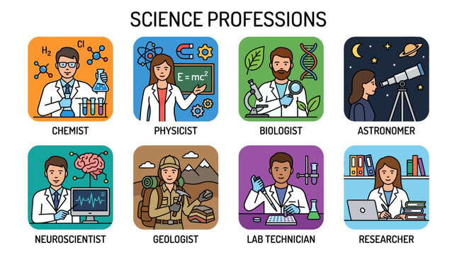 Science profession icons, vector illustrations of scientists