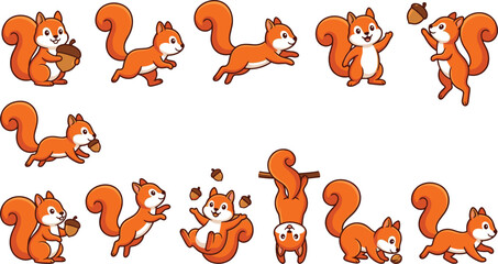 Cute Squirrel Character Vector Icon Set with Fluffy Red Squirrels Holding Acorns Jumping and Climbing for Kids Woodland Forest Graphic Designs © Rumi