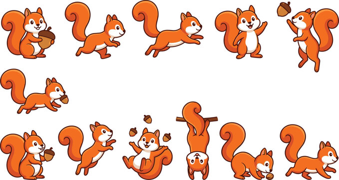 Cute Squirrel Character Vector Icon Set with Fluffy Red Squirrels Holding Acorns Jumping and Climbing for Kids Woodland Forest Graphic Designs