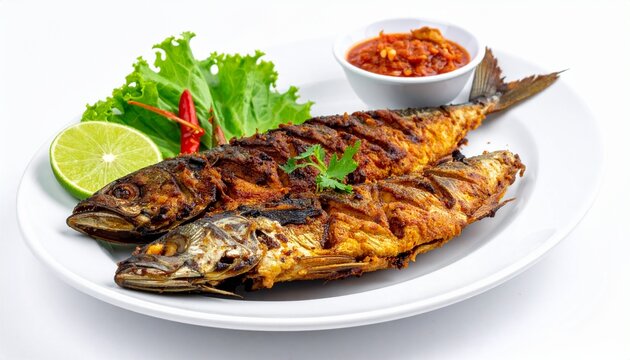 Ikan bakar with sambal and lime, isolated on white background, grilled seafood photography