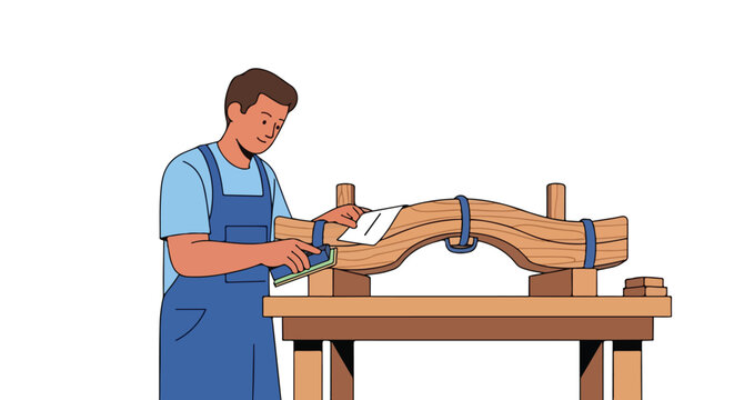 Man in overalls sanding a curved wooden yoke on a workbench, with a design blueprint