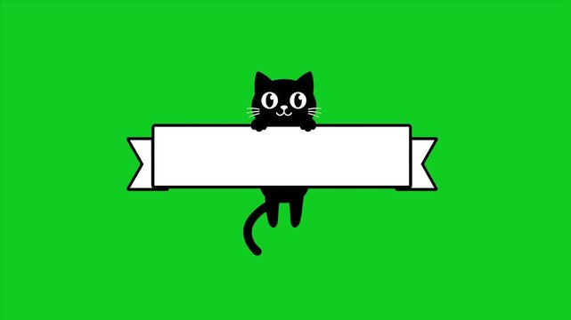 Animated Cute Black Cat Holding Blank Ribbon Signboard on Green Screen Background