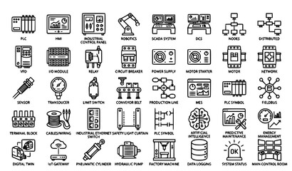 PLC and Industrial Automation Icon Set: Minimalist Outline and Solid Illustrations for Programmable Logic Controllers, Smart Manufacturing, SCADA Systems, and Factory Circuitry Symbols © Joyanto